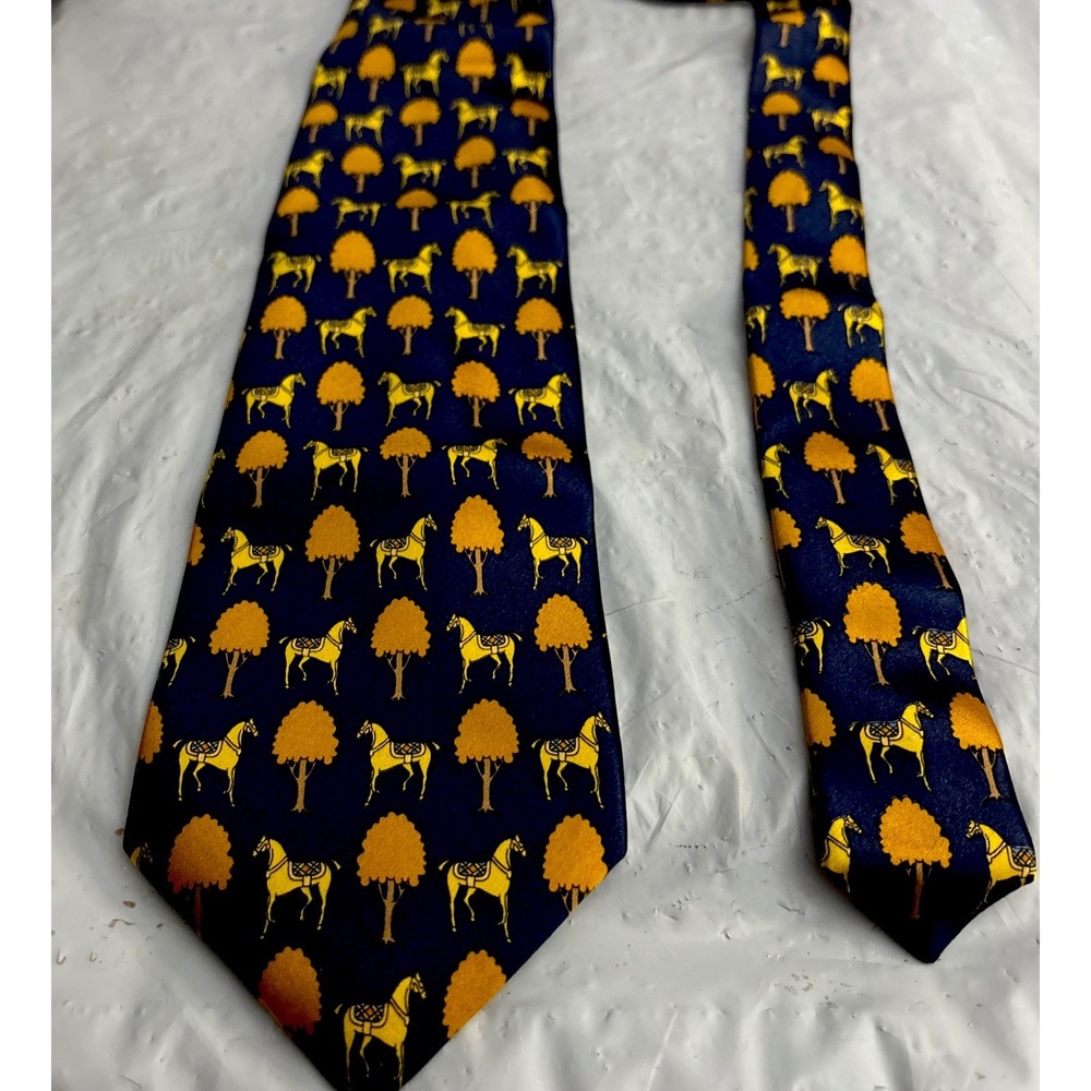 Jcappino Men's Silk Neck‎ Tie Horse Tree Orange Navy Blue Vintage Italy 3.75x57"